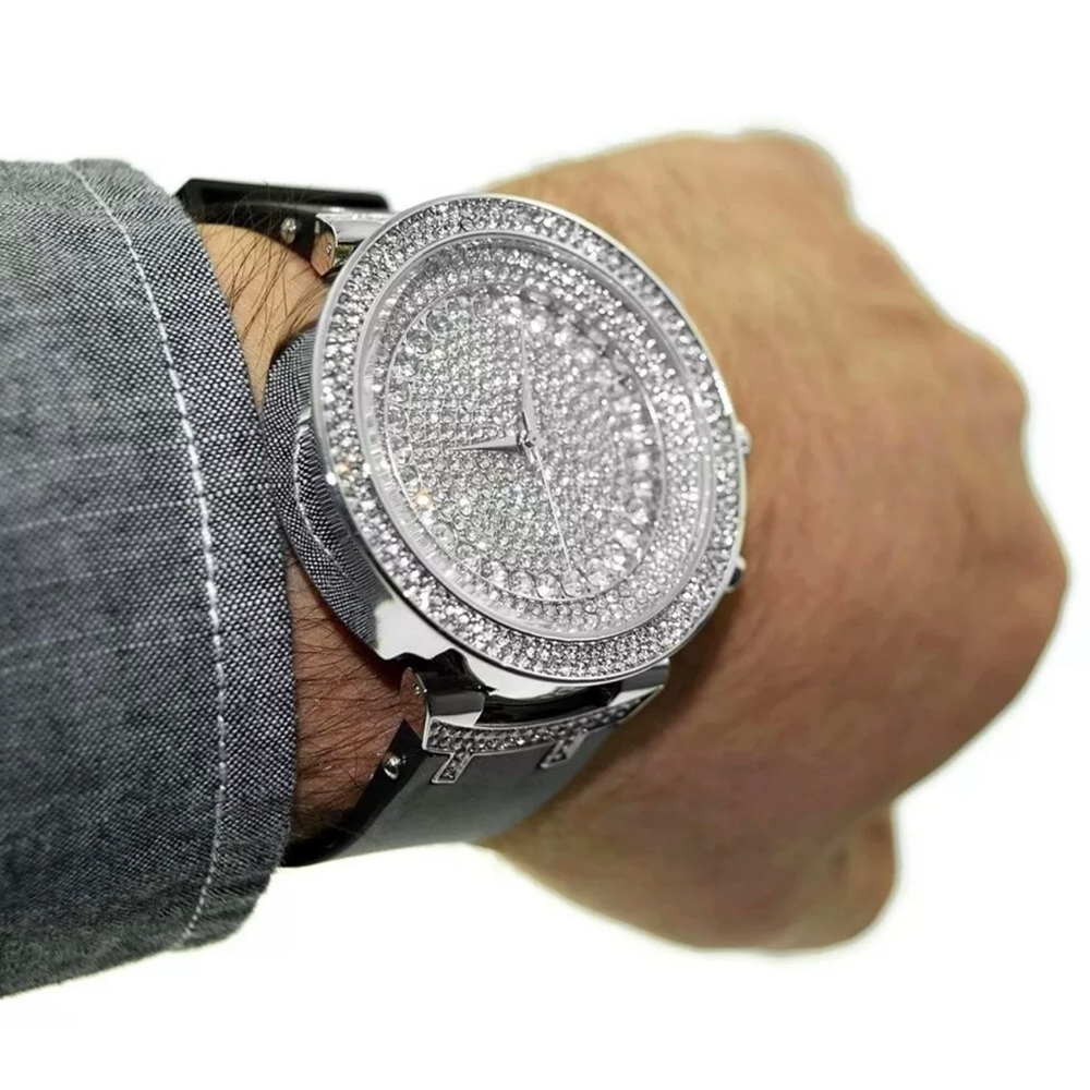 Mens Hip Hop Iced Watch Big Round Flooded Out Bling Silver Tone Black Band 6"-8"